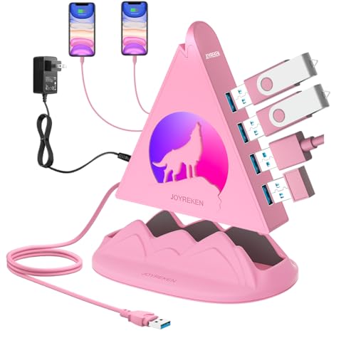 Powered USB Hub 3.0, 6-Port Hub(4 USB 3.0 Data Ports + 2 Smart Charging Ports) with 48W Adapter, RGB Light, Base, Compatible with PC, Laptop, Mac, External Hard Drives, Fast Charging for Phone(Pink) - color: Pink with base