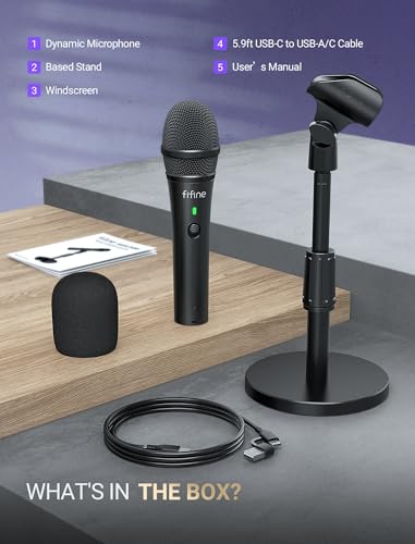 FIFINE USB/XLR Dynamic Microphone for Podcast Recording, Studio Desktop Mic with Mute Button, Height-Adjustable Stand, Windscreen for Vocal, Streaming, Voice Over, Black-AmpliTank TANK2