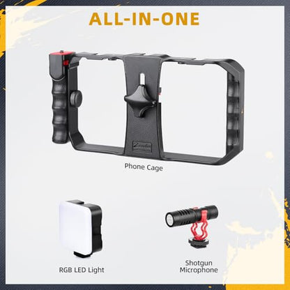 Zeadio All-in-One Smartphone Video Rig Kit, Variable Phone Cage Rig with RGB Video Light, Shotgun Microphone, Universal Video Stabilizer for iPhone/Android Filmmaking Vlogging YouTube TikTok etc - style: Pro Kit