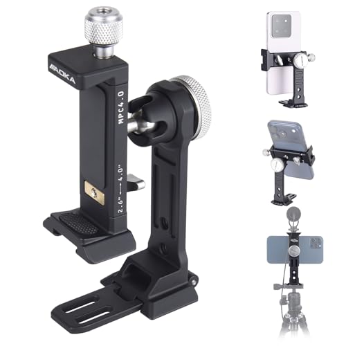 AOKA Metal Phone Tripod Mount, Arca Compatible Base with Cold Shoe, 360° Swivel and 180° Tilt Adjustment, Includes Multiple 1/4 Bolt Expansion Ports, Compatible with iPhone 17 Pro Max Galaxy S25 Ultra