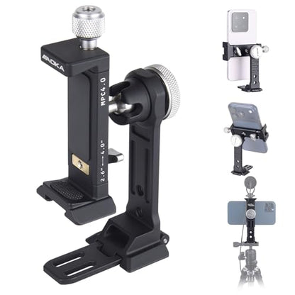 AOKA Metal Phone Tripod Mount, Arca Compatible Base with Cold Shoe, 360° Swivel and 180° Tilt Adjustment, Includes Multiple 1/4 Bolt Expansion Ports, Compatible with iPhone 17 Pro Max Galaxy S25 Ultra