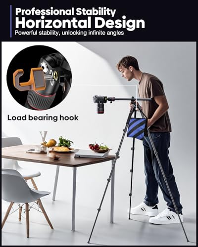 68" Horizontal Overhead Tripod for Camera, Aluminum Camera Tripod with Ball Head for Macro & Overhead Shooting, Detachable Monopod, 1/4" Arca QR Plate, 33lb Load Capacity