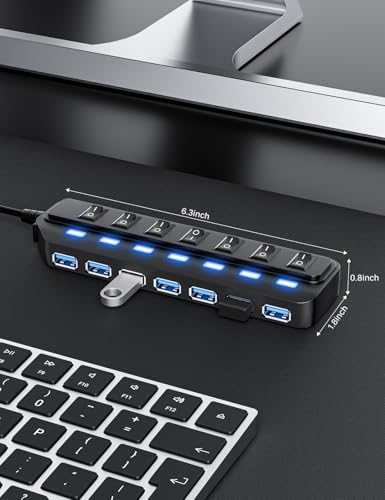 WIRWTRU USB Hub 7 Port,USB 3.0 Hub Splitter for Office,Home,School | Individual On/Off LED Switches, USB Hub for PC, 5Gbps HighSpeed Data for Laptop, Mac, PC, Desktop, PS5, Xbox