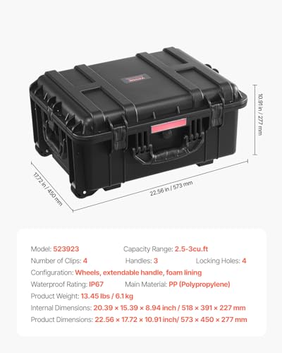 VEVOR Weatherproof Hard Case, Heavy Duty Protective Dry Box with Pre-Cut Foam, Wheels & Retractable Pull Handles for Travel, Hunt, Military, Tactical, IP67 Waterproof Case for Cameras(57x45x28) - size: 22.56*17.72*10.91in