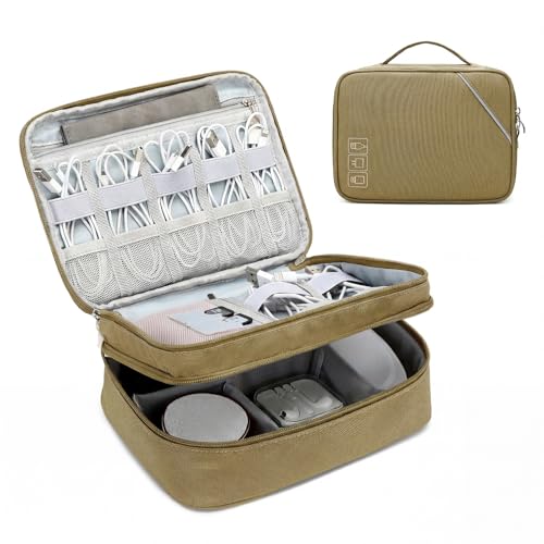 Lanola Electronic Accessories Case,Electronics Travel Organizer, Portable Double Layer Cable Storage Bag for Cord, Charger, Flash Drive, Phone, SD Card,Flash Drive,Adapter - Light Blue - color: 2-Brown