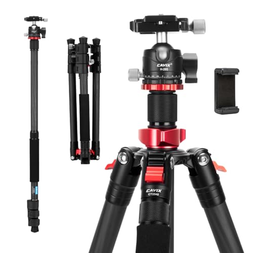 CAVIX 62" Professional Carbon Fiber Camera Tripod, Tripod & Monopod 2 in 1, Lightweight Travel Tripod with 360° Ball Head and Arca-Swiss QR Plate, 22lbs/10kg Load for DSLR Video Travel Photography - size: Carbon Fiber(62")