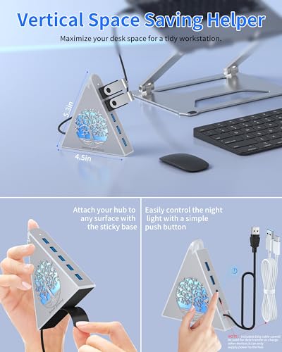 7-Port USB 3.0 Hub, Silver Vertical USB Expander with Tree-Themed RGB Lighting, 5Gbps Transfer Speed, 2FT Extension Cable, for MacBook, Laptop, Desktop, Xbox, Flash Drive, Printer - color: 4-Tree Silver