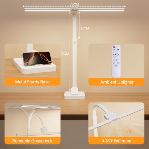 LED Desk Lamp with Base - Bright Dimmable Computer Lamp with Phone Holder, 24W Bendable Desk Light for Monitor Screen, Eye-Caring Tall Desktop Light for Task Home Office Work, White, Dual Head - style: Base Version - White