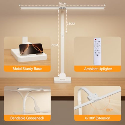 LED Desk Lamp with Base - Bright Dimmable Computer Lamp with Phone Holder, 24W Bendable Desk Light for Monitor Screen, Eye-Caring Tall Desktop Light for Task Home Office Work, White, Dual Head - style: Base Version - White