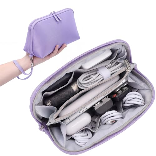 FYY Travel Cable Organizer - 8 Compartments, Lightweight, Water Repellent | With Wrist Strap, Portable Tech Pouch for Cord Charger, Travel and Business Trips Use, Soft Shell Nylon, Purple (Large) - color: Purple, size: (L) 9.6"× 5.5"× 3.7"