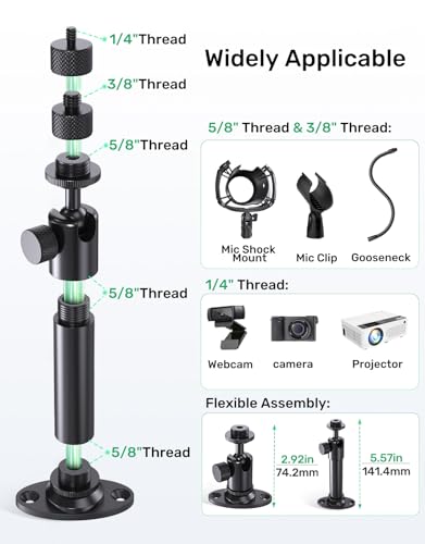 Microphone Wall Mount Bracket with Ball Head, 360° Swivel Mic Mount with 5/8"-27, 1/4" & 3/8" Screw Adapters, Flange & Ceiling Mount for Mics, Webcams and Lights, Ideal for Studio, Podcasting, Church