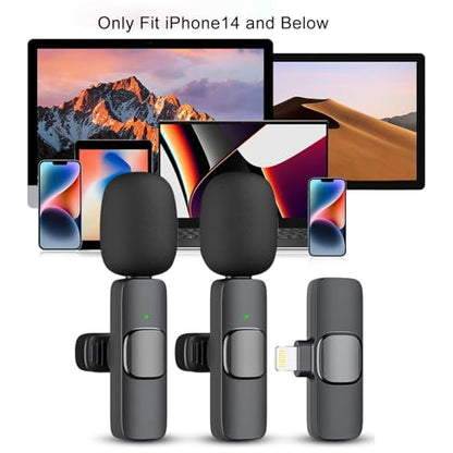 Microphone for iPhone, 2 Pack Wireless Microphones, Mini Mic, Lavalier, Recording Lapel Mic, Plug-Play, Clip On Microphone with Noise Reduction for Interview/Tiktok (for iPhone14 and Below)