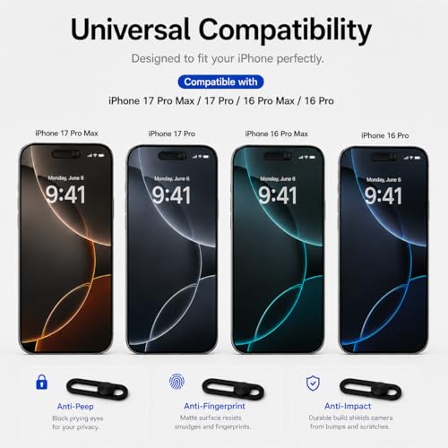2 Pack Front Camera Privacy Cover Slider for iPhone 17/16/15/14 Pro Max/Pro, Face ID Compatible Webcam Blocker, Adhesive Anti-Spy Phone Lens Protector with Transparent Base, Black