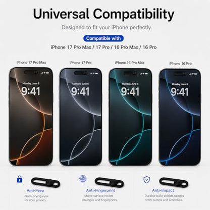 2 Pack Front Camera Privacy Cover Slider for iPhone 17/16/15/14 Pro Max/Pro, Face ID Compatible Webcam Blocker, Adhesive Anti-Spy Phone Lens Protector with Transparent Base, Black
