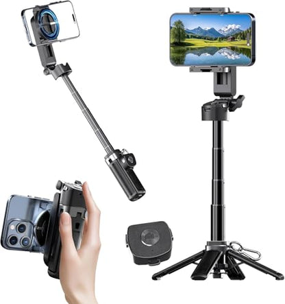 Magnetic Phone Tripod Stand, Portable Mini Selfie Stick for iPhone 16/15/14/13/12 & MagSafe, Aluminum Angle-Adjustable Foldable Strong Magnet Phone Holder, Travel Essentials, Included Metal Ring - color: Iron Black