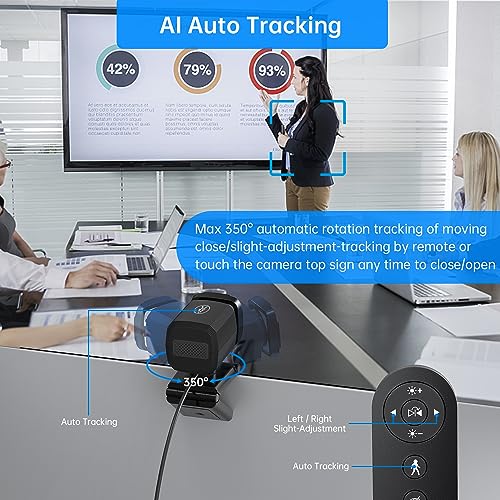 Auto Tracking Webcam: Full 1080P HD Computer Camera with Built-in 2 Microphones, Remote Control, Privacy Shutter, WDR, 73° View, External USB Web Cam, for Desktop PC Laptop