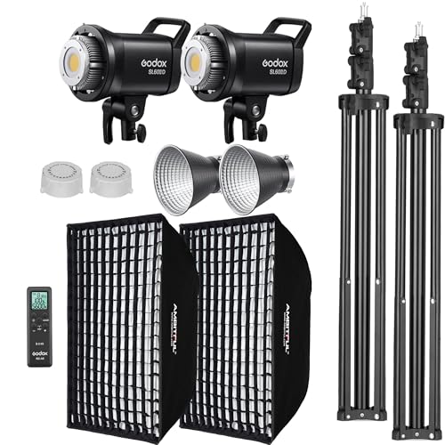 Godox SL60II-D LED Video Light Kit 2Pack Continuous Light Set, Square Grid Softbox,Light Stand, Remote Control & Honeycomb Grid for Studio Video Recording, Filming, Podcast (2PCS)