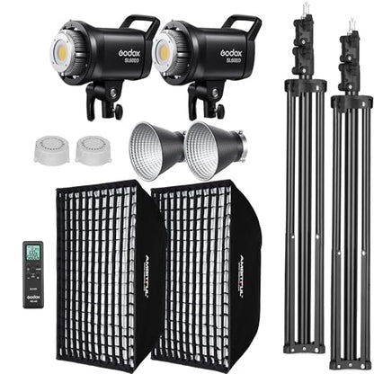 Godox SL60II-D LED Video Light Kit 2Pack Continuous Light Set, Square Grid Softbox,Light Stand, Remote Control & Honeycomb Grid for Studio Video Recording, Filming, Podcast (2PCS)