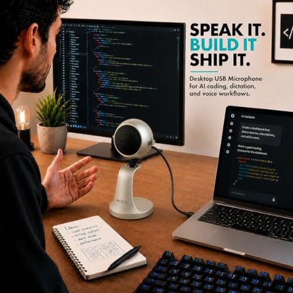 Movo WebMic USB Dictation Microphone in Silver – Cardioid for Vibe Coding | Cardioid Pickup Rejects Background Noise For Accurate Dictation. Gain Knob, Headphone Out, Mute. Desktop Stand, No Drivers. - color: Palladian Silver