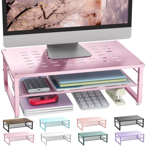 Gianotter 2-Tier Metal Monitor Stand Riser, Workspace Organizer with Desk Accessories, Office Storage for Supplies (Pink) - color: Pink