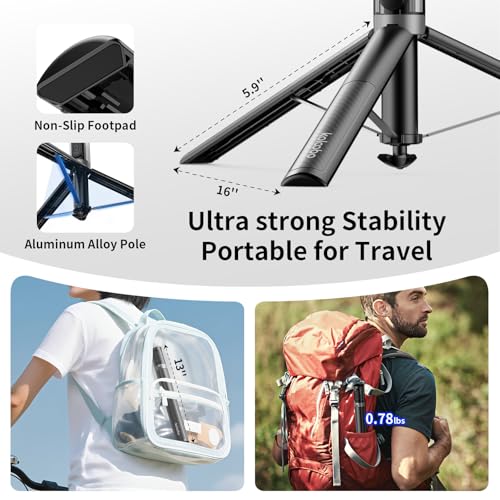 67'' Automatic Phone Tripod, Auto-Open Selfie Stick for iPhone with Remote, 360° Rotatable Extendable Phone Stand for Video Recording Vlog, Stable Travel Tripod Compatible with iPhone Android