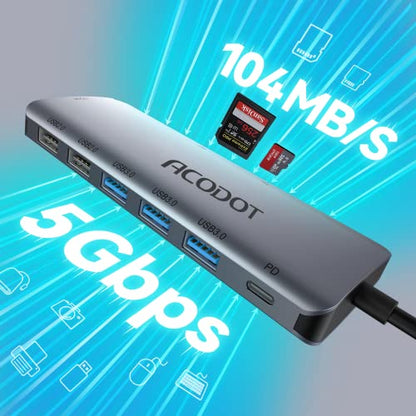 USB C Hub, 9-in-1 Multi-Port USB Adapter, 4K@60Hz HDMI, 100W Max PD, 3 USB3.0(5Gbps) + 2 USB2.0 Data Ports, SD/TF Card Reader for MacBook, iPad Pro, Dell, HP, Lenovo, Windows Laptop - color: Grey