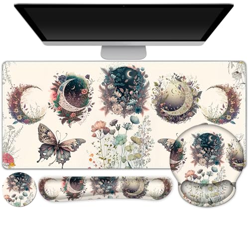 Large Desk Mat, Cute Boho Plants Mouse Pad, Apricot Desk Pad, XXL Mousepad + Keyboard Wrist Rest+Mouse Wrist Rest+Coaster Desk Pad for Girl Women Home Office Decor Aesthetics, Floar Butterfly Moon - color: Floar Butterfly Moon