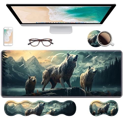 Ergonomic Keyboard Wrist Rest & Mouse Pad Wrist Rest Set, Large XXL Gaming Desk Mat 31.5"x 11.8" with Non-Slip Base, Memory Foam, Easy Typing Pain Relief for Home & Office, White Wolf - color: White Wolf