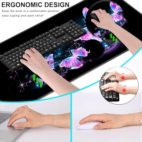 Mouse Pad,Large Pink Desk Mat, 4in1 XXL Mousepad + Keyboard Wrist Rest+Mouse Wrist Rest+Coaster Set with Ergonomic Desk Pad for Home Office Table Computer-Glowing Night Pink Butterflies - color: Glowing Night Pink Butterflies, size: 4 Pcs-XXL