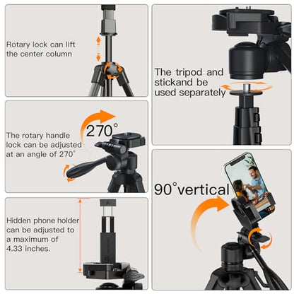 Camera Tripod 66.7 Inch, Patented 3-Way Rotating Portable Cameras Stand Professional Aluminum Travel Phone Camera Mount Monopod for Camera, Smartphone, Suitable for Various Live Vlogging - size: 67 inch