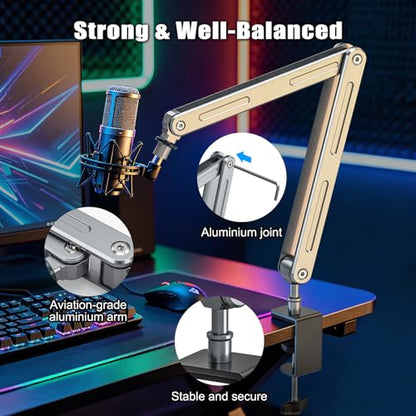 Microphone Boom Arm, Magic Arm Mount with 2 Mic Clips, Professional Desk Mic Stand Adjustable Articulating Bracket, 1/4 & 3/8 Thread Adapter for Podcasting, Streaming & Recording