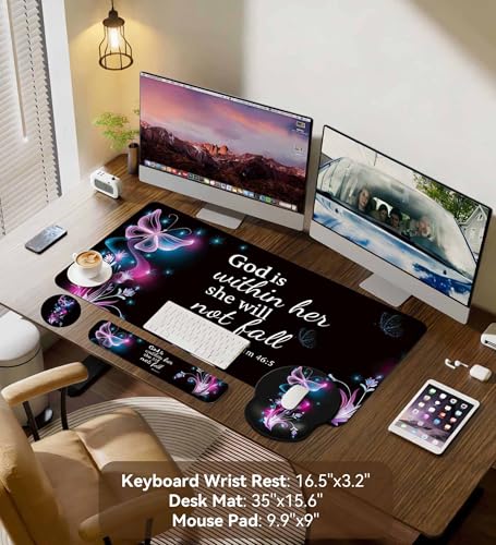 Desk Mat Set + Keyboard and Mouse Pad with Wrist Rest Support,4-in-1 Large Mousepad Computer Mats for Desktop Home & Office-Purple Butterflies - color: D1-Purple Butterflies
