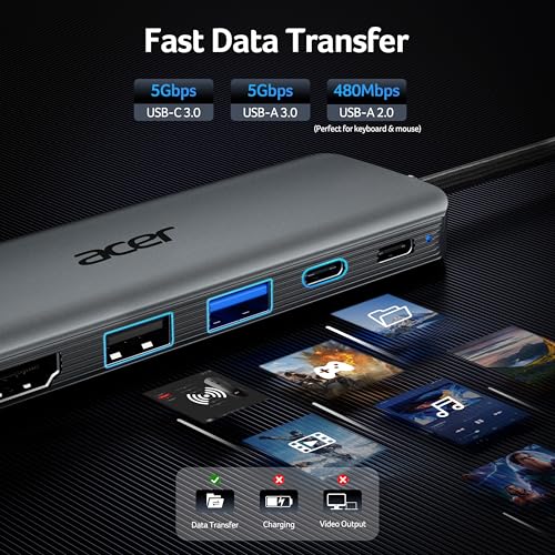 Acer USB C Hub, 5-in-1 USBC to HDMI Adapter with 4K@60Hz, 100W Power Delivery, USB-C 5Gbps & USB-A 3.0 Data Ports, USBC Splitter Docking Station for MacBook Neo/Pro/Air, iPad Pro, iPhone 17 Pro Max