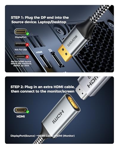 SAMZHE Active Unidirectional 8K DisplayPort 1.4 to HDMI 2.1 Adapter 0.82FT, 8K@60Hz 4K@240Hz High Refresh Alloy Shell Compatible with NVIDIA AMD Desktop Laptop Monitor TV Gaming Office Home Theater