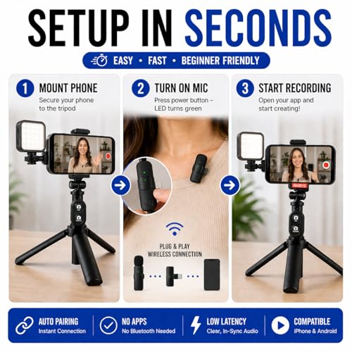 Vlogging Kit for iPhone/Android with Wireless Microphone, LED Light & Tripod – Phone Video Recording Kit for YouTube, TikTok, Streaming & Content Creators