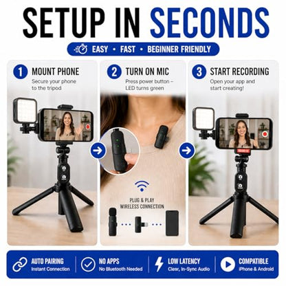 Vlogging Kit for iPhone/Android with Wireless Microphone, LED Light & Tripod – Phone Video Recording Kit for YouTube, TikTok, Streaming & Content Creators