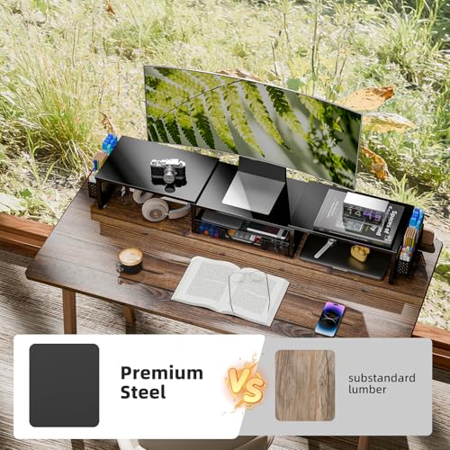 Simple Trending Dual Monitor Stand Riser with Drawer and 2 Pen Holders, Desk Organizer with Storage, Black