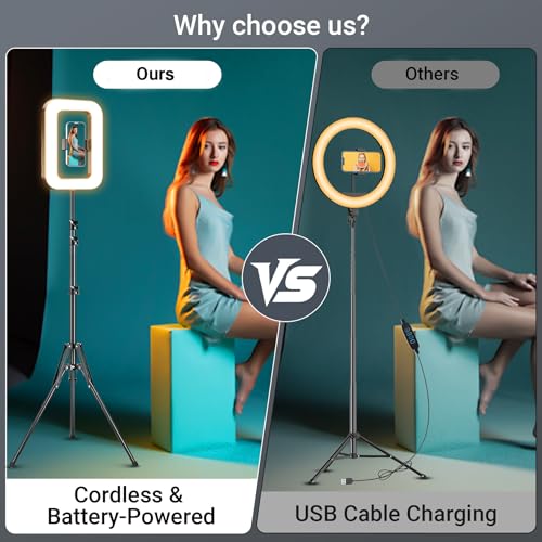 3600mAh Rechargeable Ring Light with Stand for Video Recording, Dimmable Lighting Tripod for iPhone, Square Light with Phone Holder for Content Creators, Selfie, Makeup, Live Streaming, TikTok