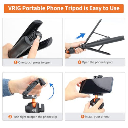 VRIG TP16 Camera Tripod, 55" Extendable Phone Selfie Stick Camera Tripod Stand with 2 in 1 Phone Clip, 5 Levels Adjustment 360° Ball Head Loads Up for DJI OSMO Pocket 4/3 Insta360 X5 iPhone Sony Canon - color: A0085