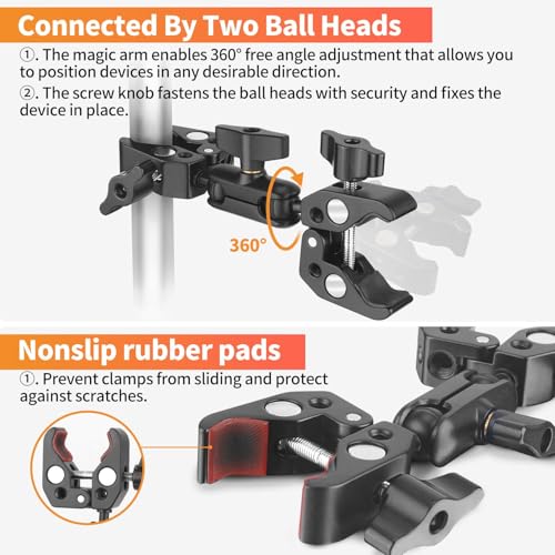 Double Super Clamp Camera Mount, Umbrella Holder Bracket with 360° Ballhead Magic Arm for Pole, Tripod Clamp Mount for Cross Bar, Light Stand, Strollers, Photo Boom Stand, Reflector, Chair