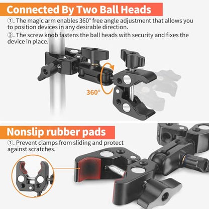 Double Super Clamp Camera Mount, Umbrella Holder Bracket with 360° Ballhead Magic Arm for Pole, Tripod Clamp Mount for Cross Bar, Light Stand, Strollers, Photo Boom Stand, Reflector, Chair