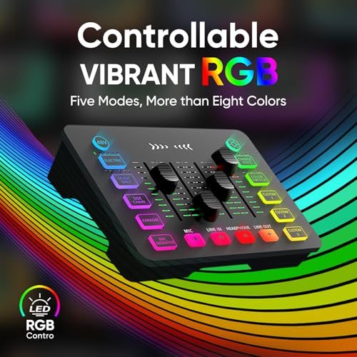 Gaming Audio Mixer with RGB, Streaming/PC Mixer with XLR Microphone Interface, 6 Voice Changing Modes Individual Control, Mute Button,48V Phantom Power