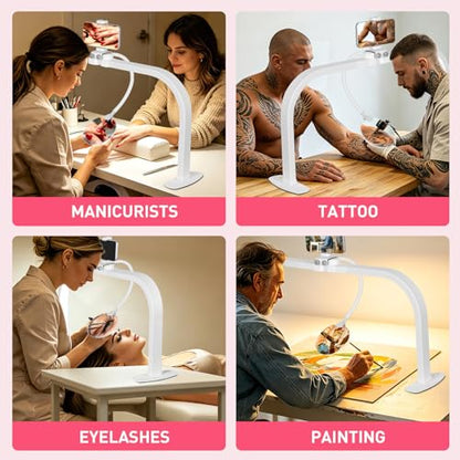 HITTI Half Moon Light for Nail Desk with 5X Magnifier, 30" Foldable LED Arch Tech Lamp with Phone Holder for Manicure, Handicraft, Art, Eyelash Extension - 3 Color Modes & 10 Brightness, Home & Salon - color: White