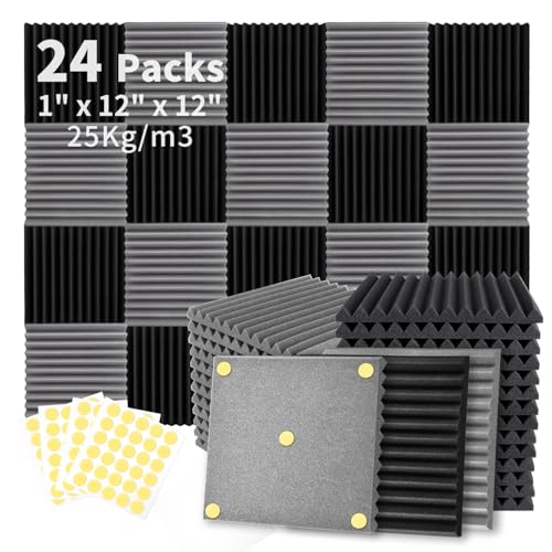 Focusound 24 Pack Black Grey Acoustic Foam Panels 1" x 12" x 12" Sound Proof Foam Panles Soundproofing Noise Cancelling Wedge Panels for Home Office Recoding Studio with 240PCS Double-Side Adhesive - size: 24 Pack BlackGrey