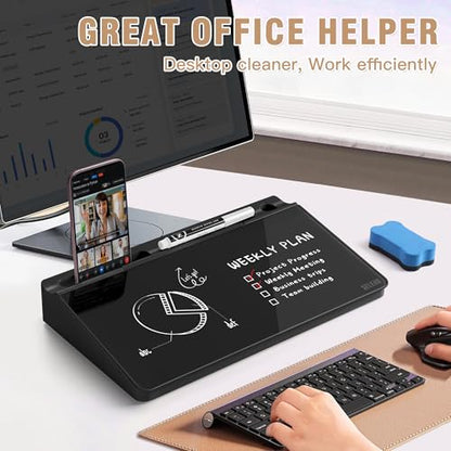 SELEAD Black Desktop Glass Board + Desk Dry Erase Board with Calculator, Tabeltop Storage Keyboard Stand for Home Office School