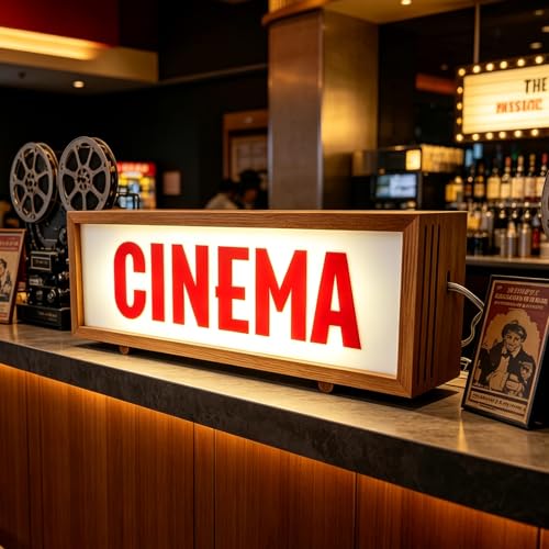 Cinema Wooden LED LightBox Theater Entrance Warning Sign with Remote USB Powered Dimmable Retro Light for Family Movie Night Commercial Cinema Movie Studio Desk or Wall Decor Easy ON/Off - color: CINEMA WOOD FRAME