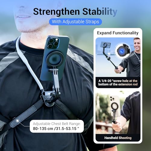 Lightweight Magnetic Neck Mount for Phone & Action Camera,Magnet Neck Holder with 3 Removable Arms for iPhone 17 16 15 Series Android Osmo360 Action 5Pro Hero 13,POV/Vlog Selfie Mount Necklace Holder | Quick Release Neck Phone Holder for iPhone 17 16 15 S
