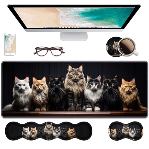 Ergonomic Keyboard Wrist Rest & Mouse Pad Wrist Rest Set,Large Gaming Desk Mat 31.5"x 11.8" with Non-Slip Base,Memory Foam,Easy Typing Pain Relief for Home & Office,A Group Fluffy Cats Stand in A Row - color: A Group Fluffy Cats Stand in a Row