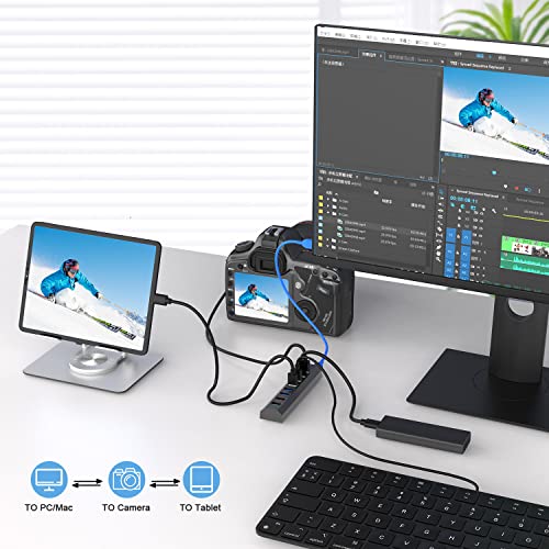 RAOYI Powered USB 3.0 Hub, 8 Ports High Speed USB 3.0 Hub Splitter with 36W Power Adapter, 3.3ft Cable and Smart Fast Charger USB Hub for Laptop, PC, Mobile HDD, Mulitple Devices (Gray) - size: Gray, style: 8-Port 36W Trapezoid
