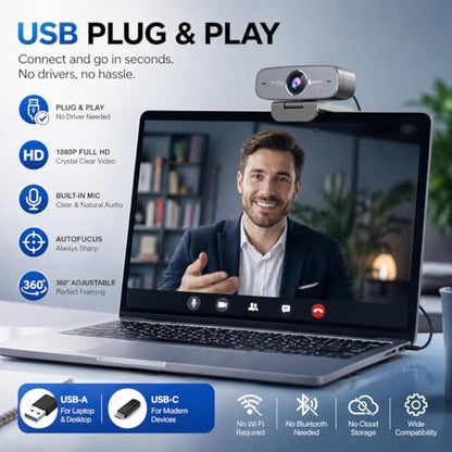 1080P Webcam with Microphone 1080P Web Cam Computer Caemra with Autofocus HD Web cam Plug&Play USB PC Webcam Streaming Camera for Laptop, Desktop, PC, Mac,Web Cam Works w/Zoom/Teams/Facetime/YouTube
